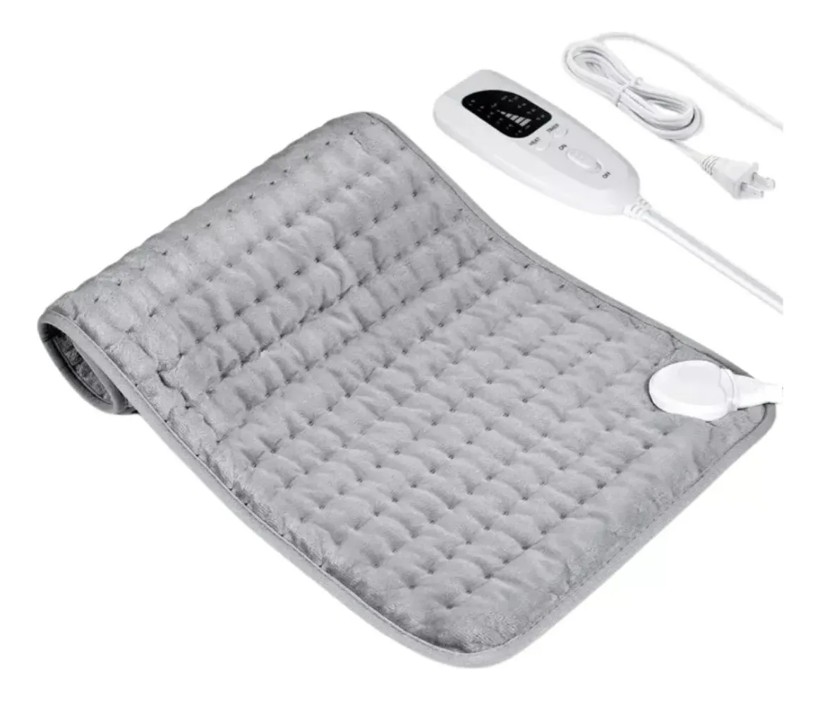 Manta térmica eléctrica gris con control y enchufe visible, ideal para calor relajante.