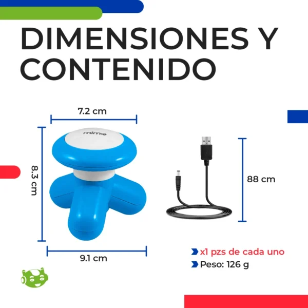 Masajeador Mimo Eléctrico azul con cable USB, dimensiones 7.2x8.3x9.1 cm, peso 126g.