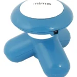 Masajeador Mimo eléctrico azul con logo blanco, diseño ergonómico de tres patas.