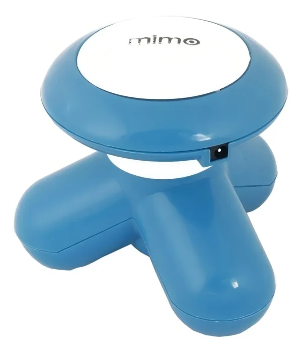 Masajeador Mimo eléctrico azul con logo blanco, diseño ergonómico de tres patas.