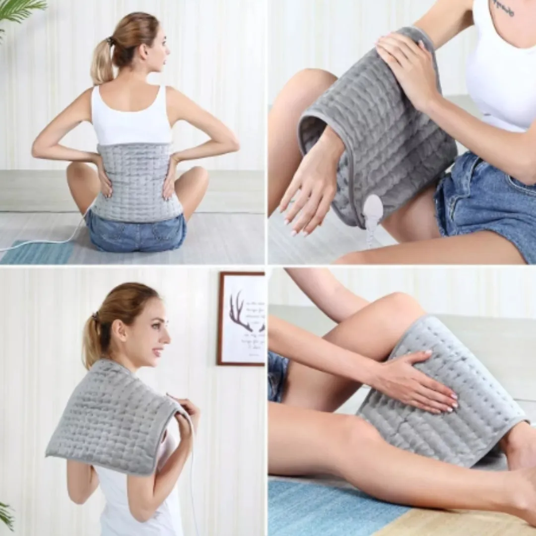Manta térmica eléctrica gris para aliviar el dolor de espalda, hombros y piernas.
