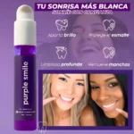 Espuma morada Purple Smile para dientes, con imágenes de beneficios y dos mujeres sonriendo.