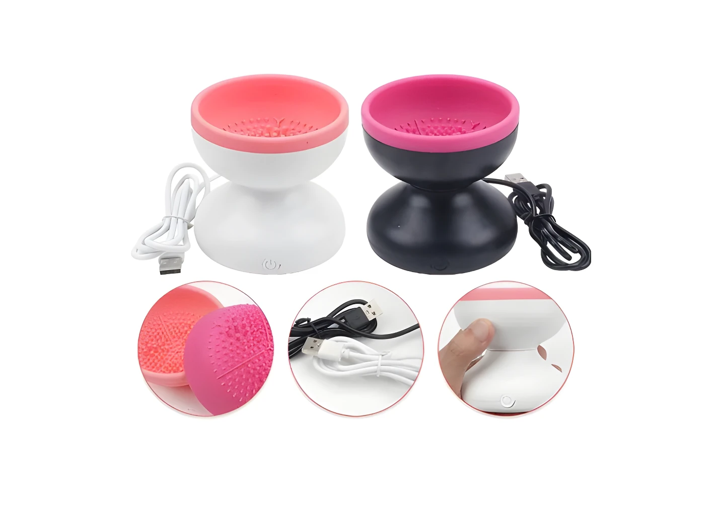 Limpiador de brochas eléctrico blanco y negro con detalles de carga y texturas de silicona.