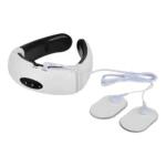 Masajeador de cuello cervical con electrodos, blanco y negro, con botones de intensidad.