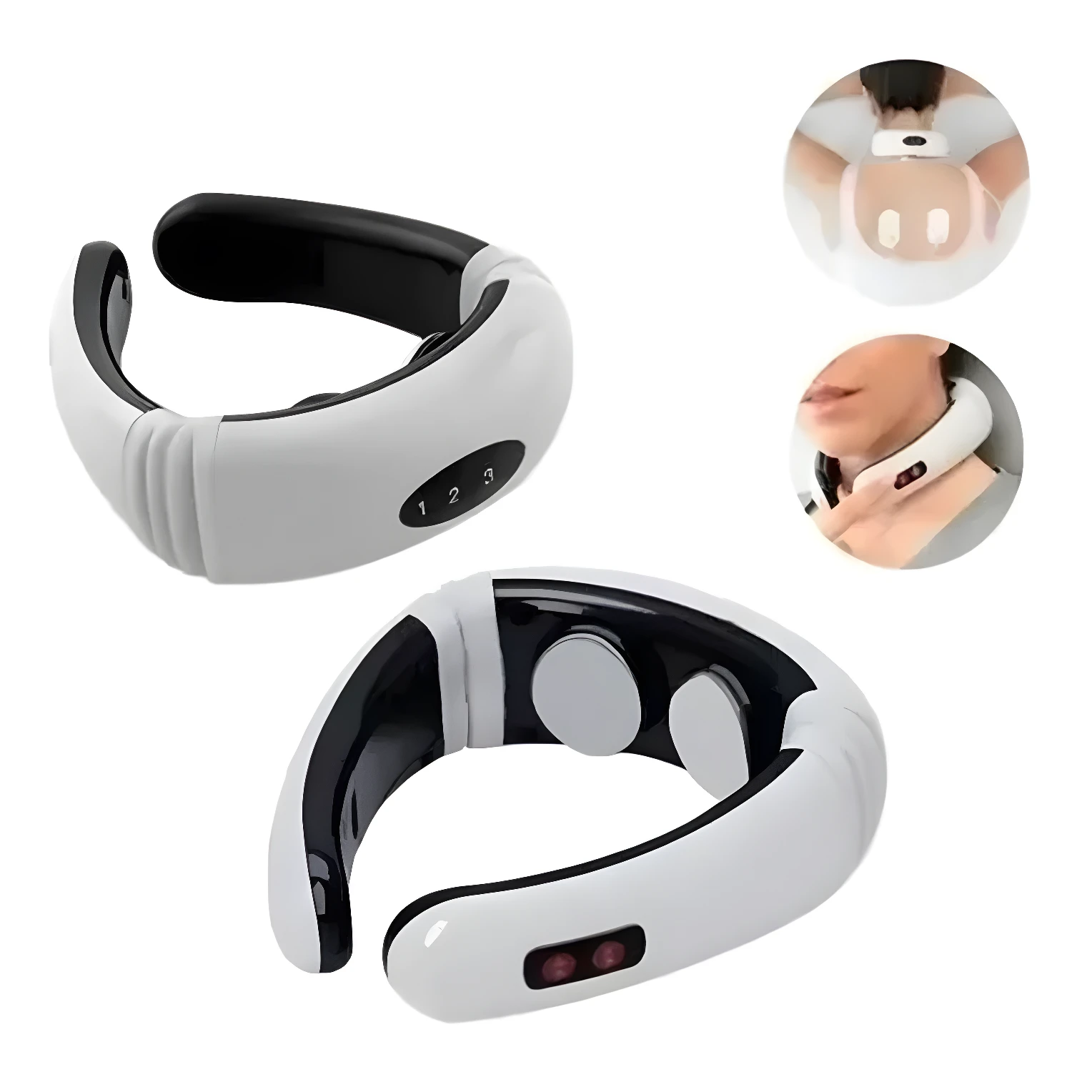 Masajeador de cuello cervical blanco y negro con botones 1 2 3 y almohadillas de masaje.