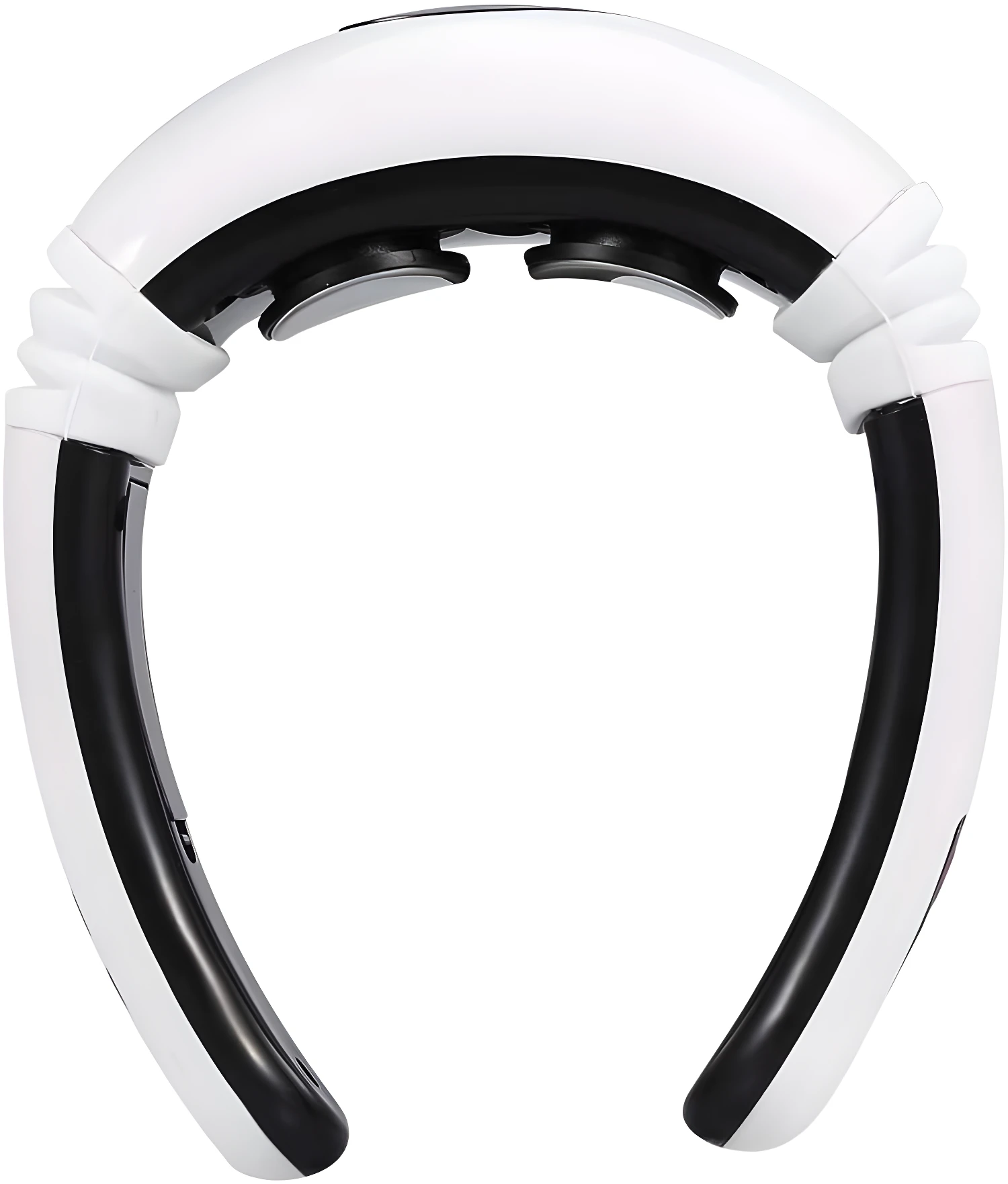 Masajeador de cuello cervical blanco y negro con electrodos para alivio de tensión.