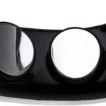 Masajeador de cuello con lentes duales reflectantes en montura negra y blanca, diseño ergonómico.