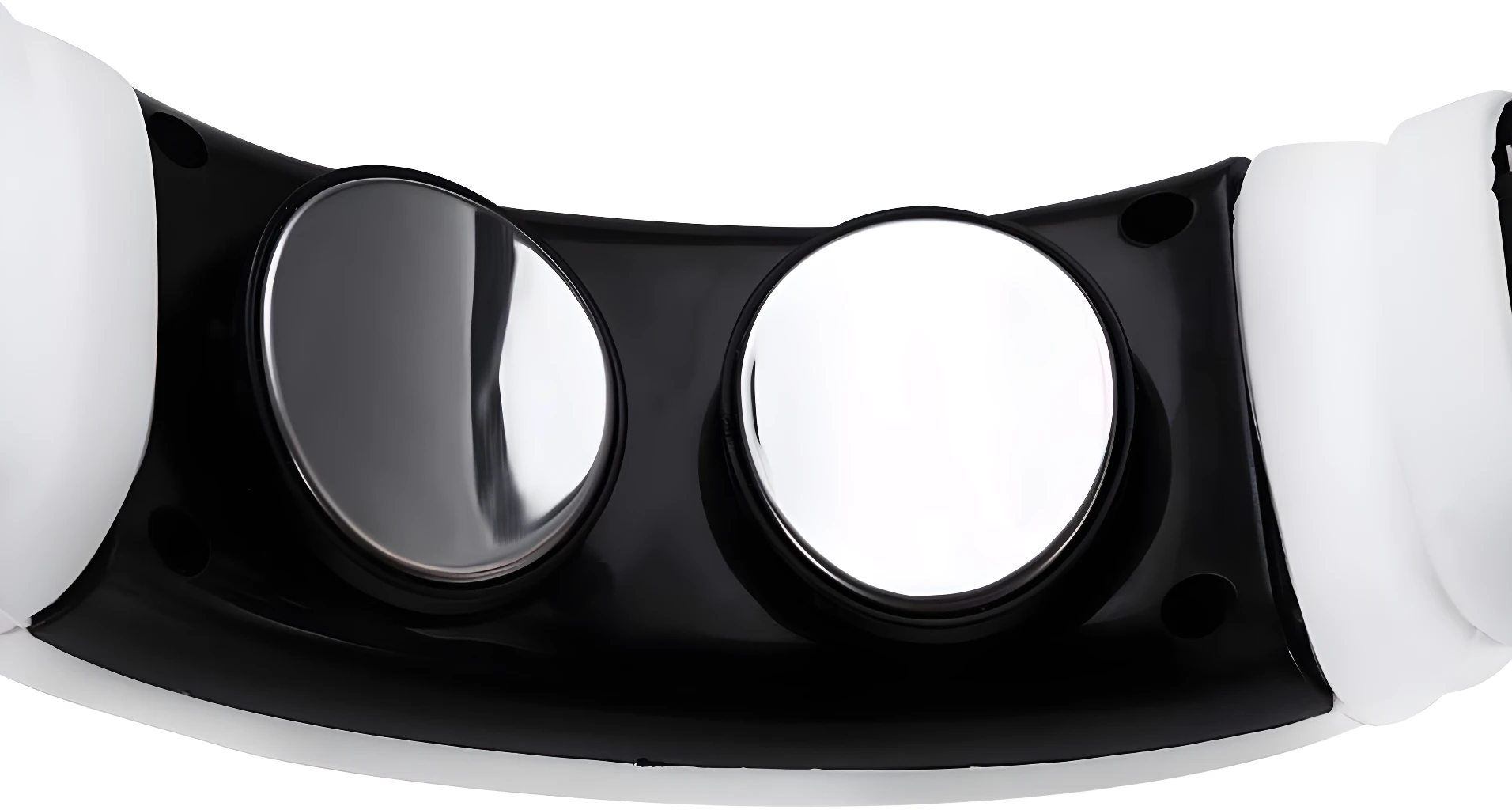 Masajeador de cuello con lentes duales reflectantes en montura negra y blanca, diseño ergonómico.