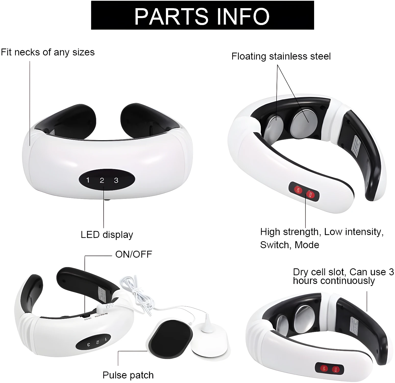 Masajeador de cuello blanco con display LED, parches de pulso y 3 modos de intensidad.