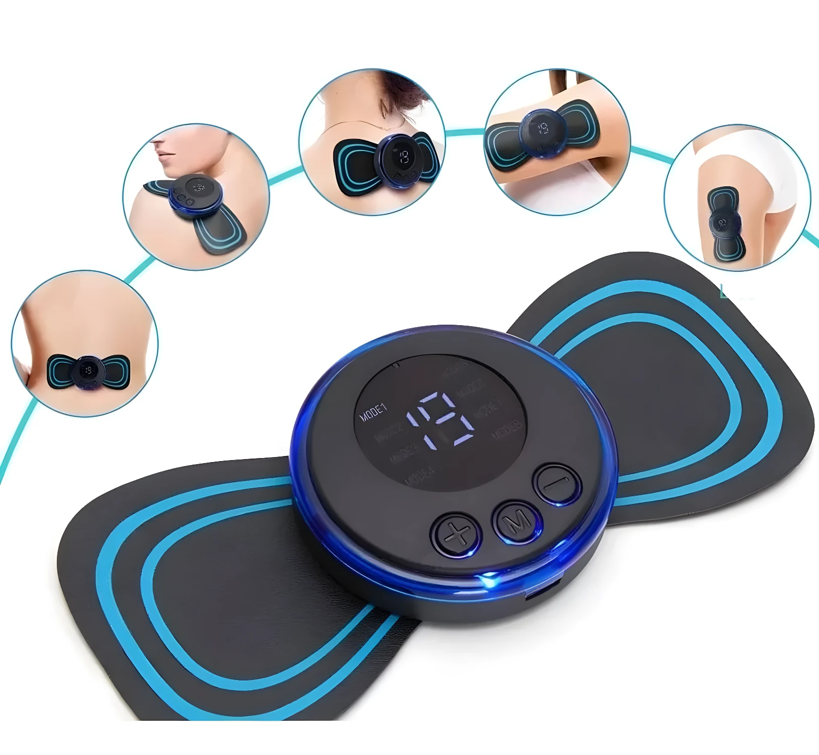 Masajeador eléctrico para cuello y cuerpo, portátil, con modos ajustables y almohadillas de gel.