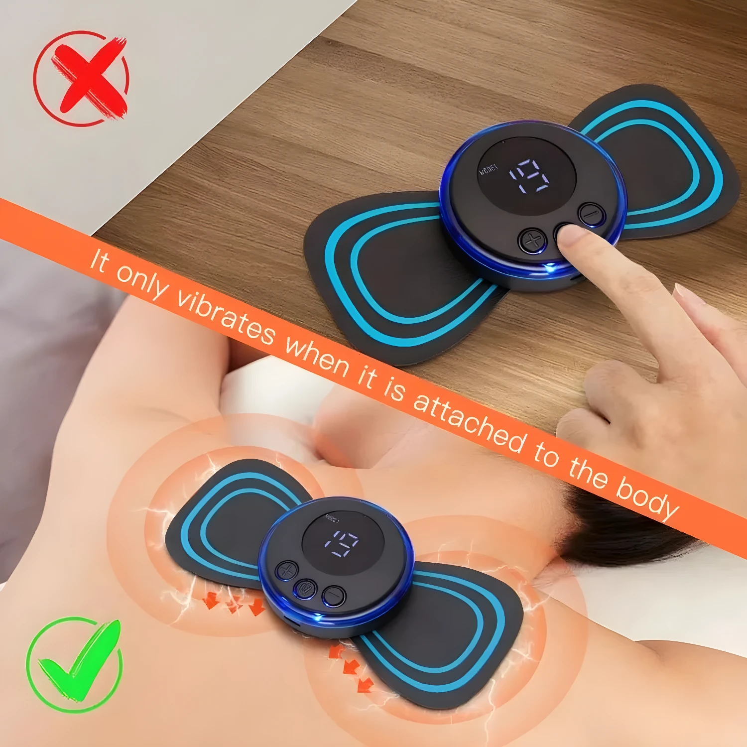 Masajeador eléctrico para cuello con almohadillas vibratorias que se activan al contacto con la piel.