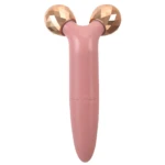 Rodillo masajeador facial rosa con cabezales dorados facetados, control ON/OFF visible.