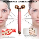 Rodillo masajeador facial 3D oro rosa, reduce arrugas, mejora circulación y retrasa envejecimiento.