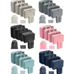 Set 14 bolsas organizadoras de viaje en varios colores: gris, negro, rosa, azul claro y azul marino.