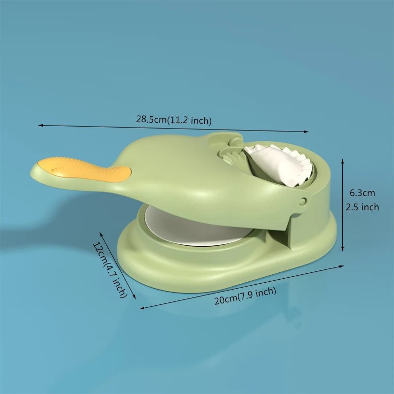 Máquina verde para hacer dumplings y empanadas caseras, fácil de usar.
