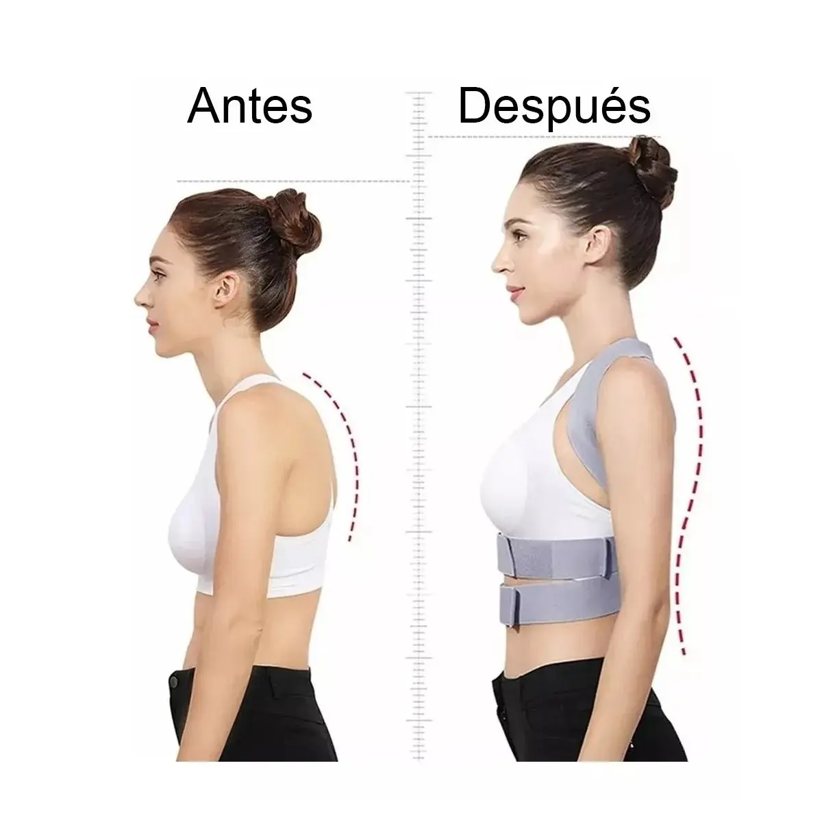 Corrector invisible de postura: mujer con corrector ortopédico mejora su postura.