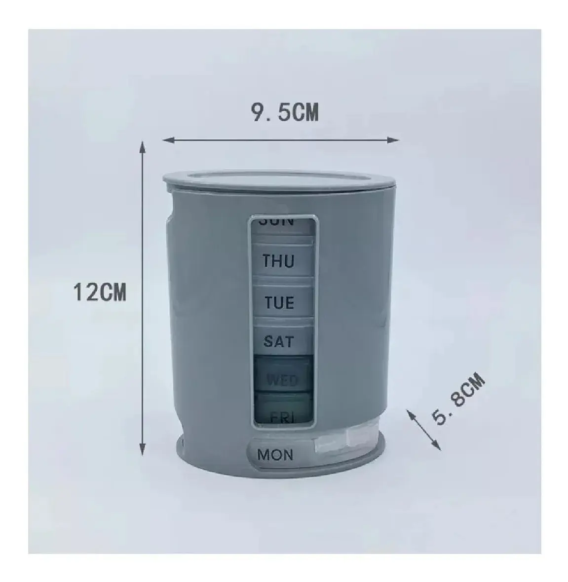Pastillero semanal giratorio Pill Pro de 12cm de alto, gris, con compartimentos para cada día.