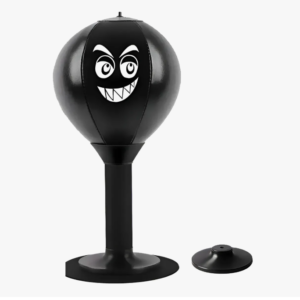 Saco de boxeo de pera negro con cara, soporte para mesa, inflador y base extra.