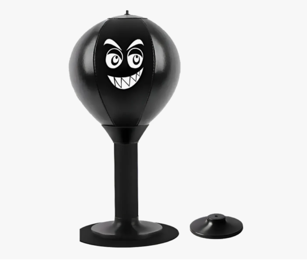 Saco de boxeo de pera negro con cara, soporte para mesa, inflador y base extra.