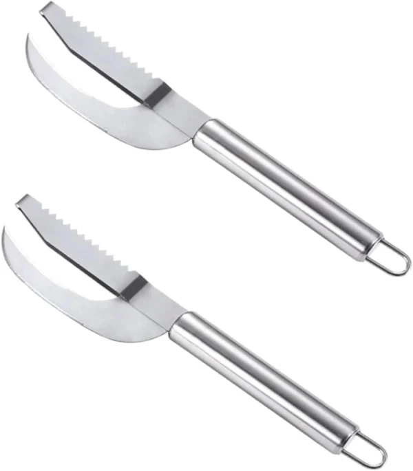 Set x2 cuchillos para pescado en acero inoxidable, diseño curvo y sierra.