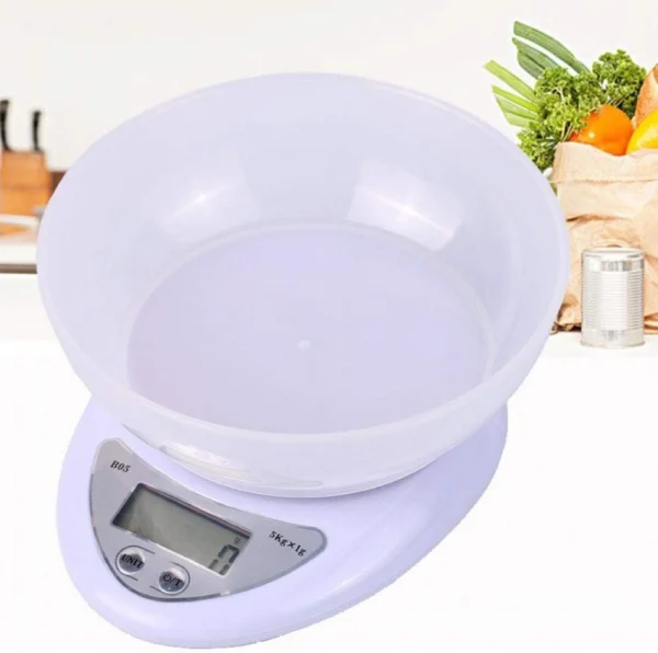 Gramera digital con recipiente para alimentos, pantalla LCD y capacidad de 5kg.