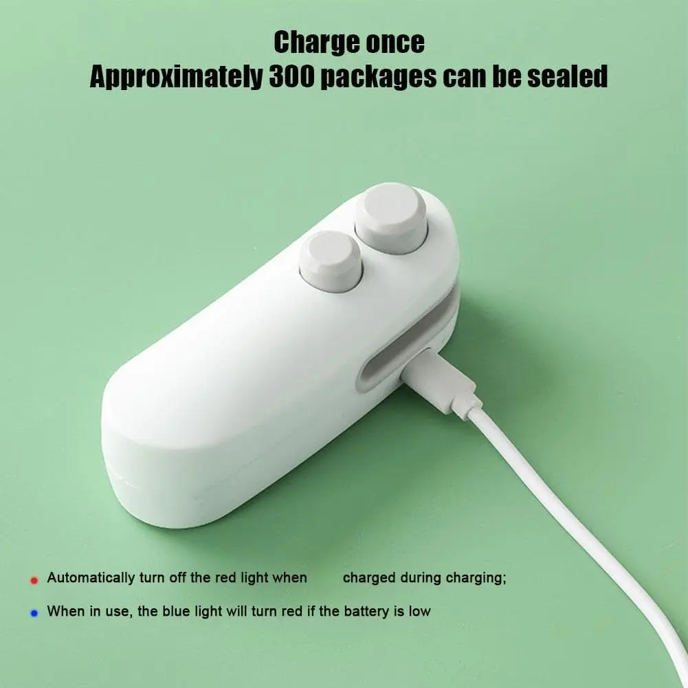 Mini sellador de bolsas a calor premium blanco con cable de carga, sella 300 paquetes.