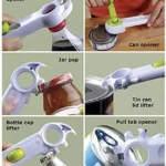Abrelatas multifuncional 6 en 1: screw cap, jar pop, can opener, tin lid lifter, bottle cap, pull tab.