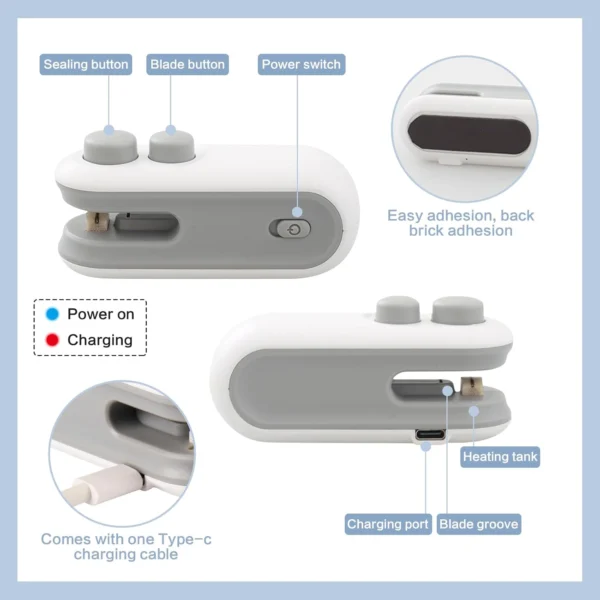 Mini sellador de bolsas a calor premium con botones, puerto USB-C y groove para cuchilla.