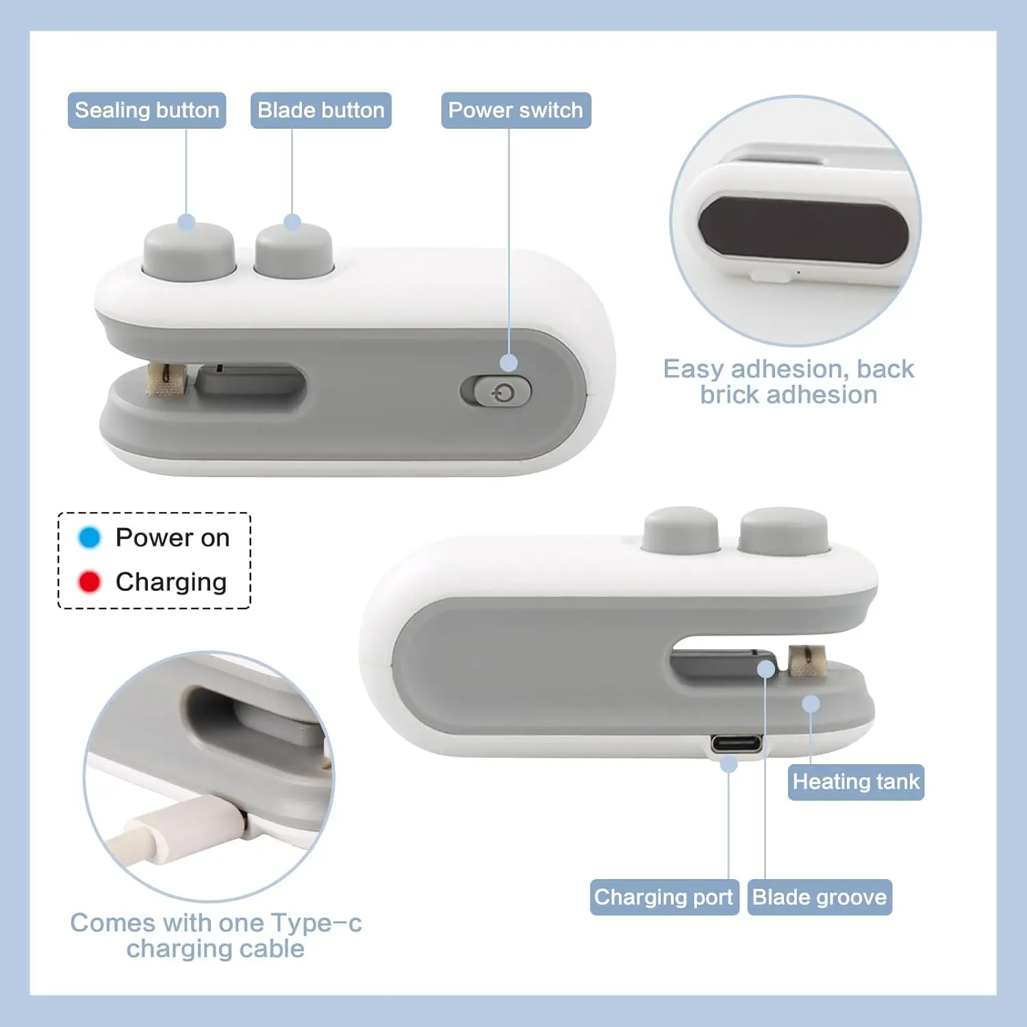 Mini sellador de bolsas a calor premium con botones, puerto USB-C y groove para cuchilla.