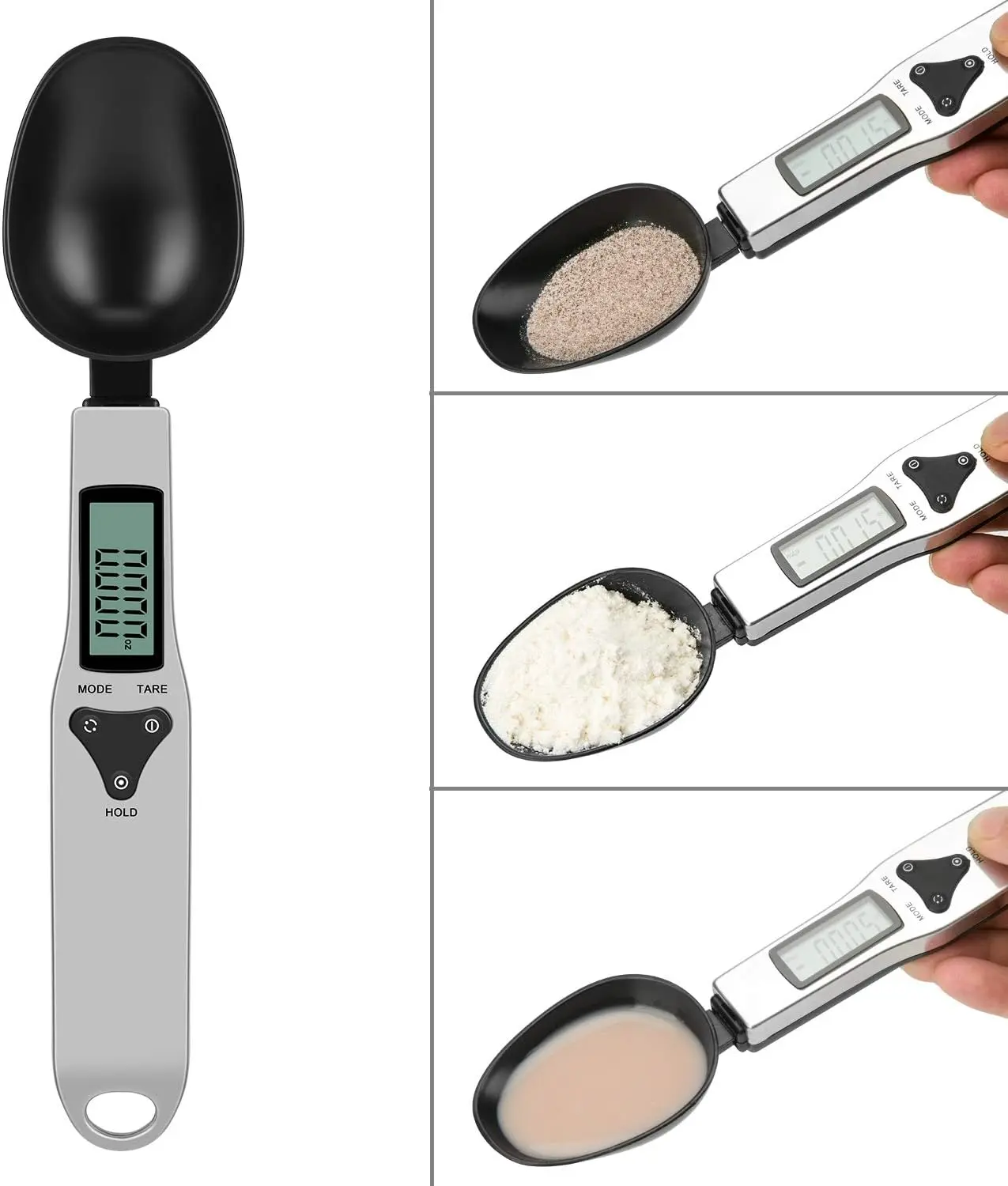 Cuchara gramera digital con pantalla LCD, ideal para medir ingredientes con precisión.