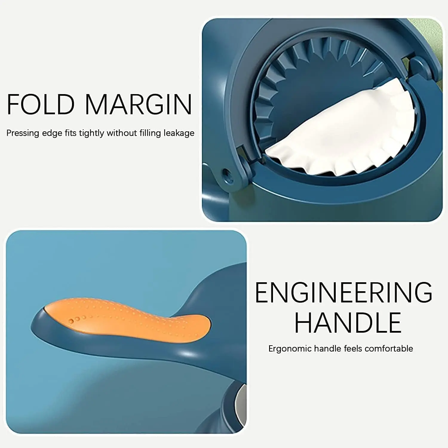 Máquina para dumplings con borde sellado herméticamente y mango ergonómico.