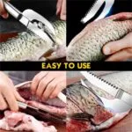 Cuchillo para pescado con serrucho, ideal para quitar escamas y filetear pescado fresco, fácil de usar.