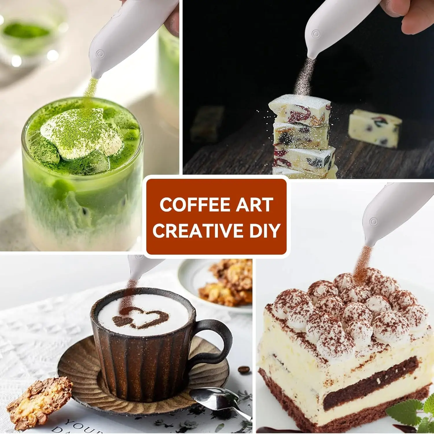 Lápiz para decorar capuchino con arte creativo: espolvorea cacao sobre café y postres.