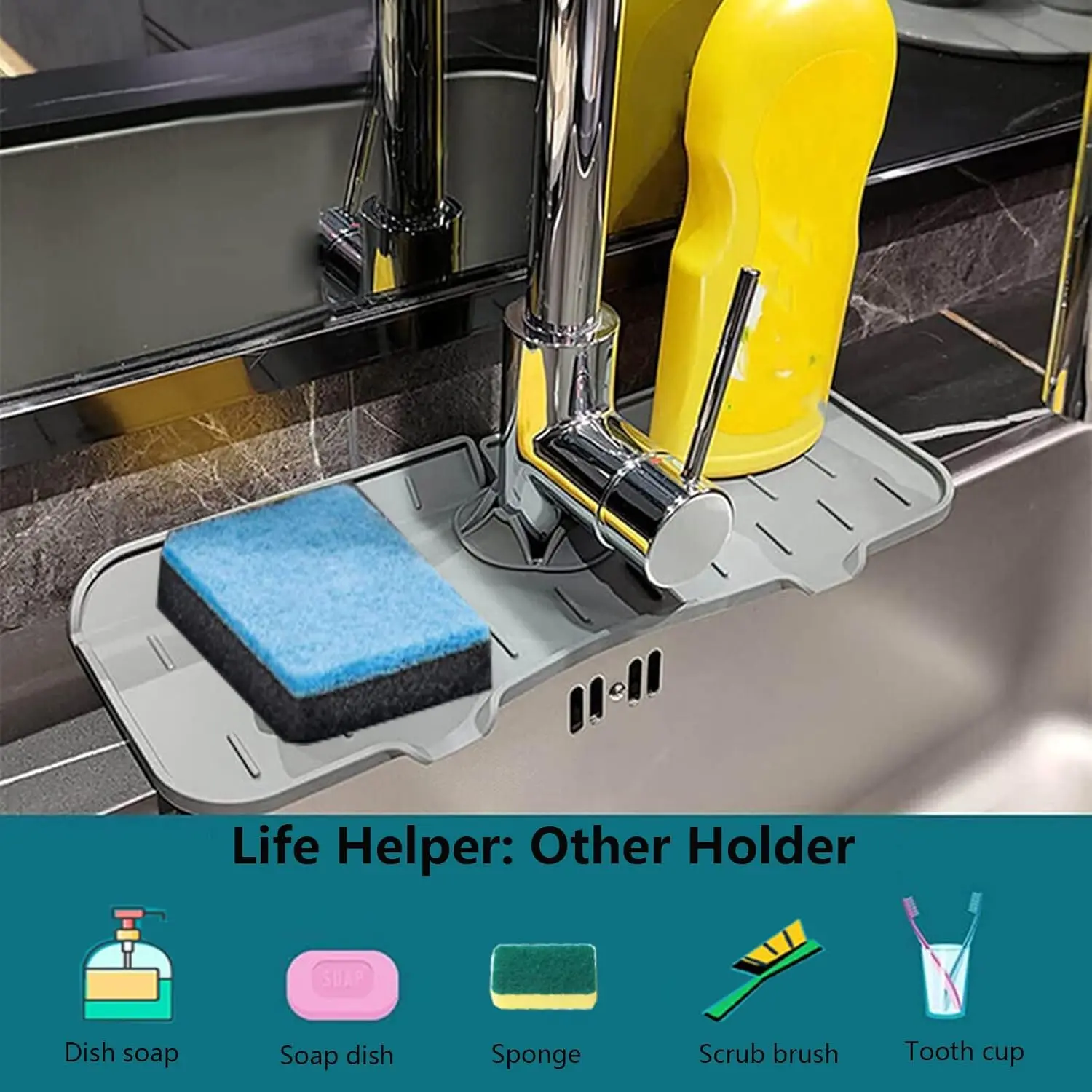 Alfombra protectora de silicona para grifo con esponja y jabón, ideal para organizar tu cocina.
