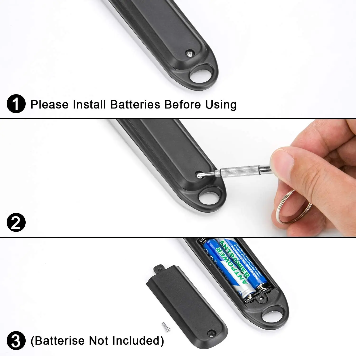 Cuchara gramera en uso, instalando baterías AAA, con tornillo y aro.