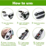 Masajeador electrónico tipo bolígrafo para alivio del dolor, con instrucciones de uso y ajuste de intensidad.