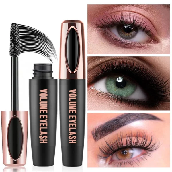 Set x2 Pestañina 4D voluminizadora con cepillo y ojos con pestañas largas y densas.