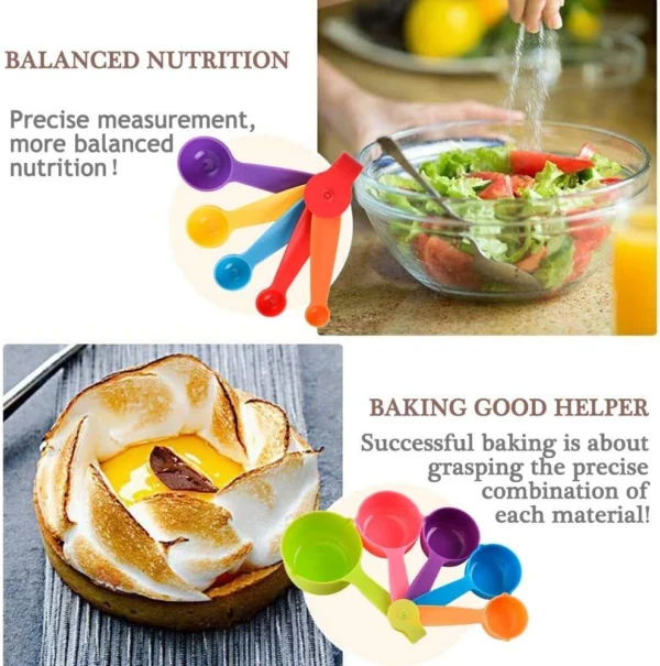 Set de 10 tazas y cucharas medidoras de colores para repostería y nutrición balanceada.
