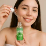 Set x2 Aloe Vera Afrodita: Joven sonriente con suero facial y gotero.