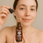 Afrodita Cafeína C, suero facial con gotero aplicado en la mejilla.