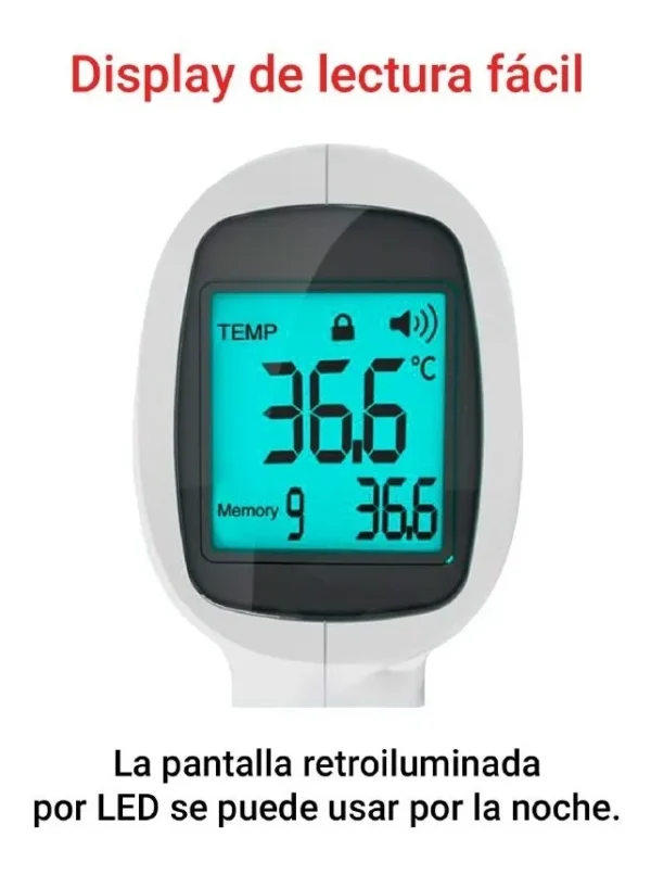 Termómetro digital frontal con pantalla LED, fácil de leer, registra memoria de temperatura.