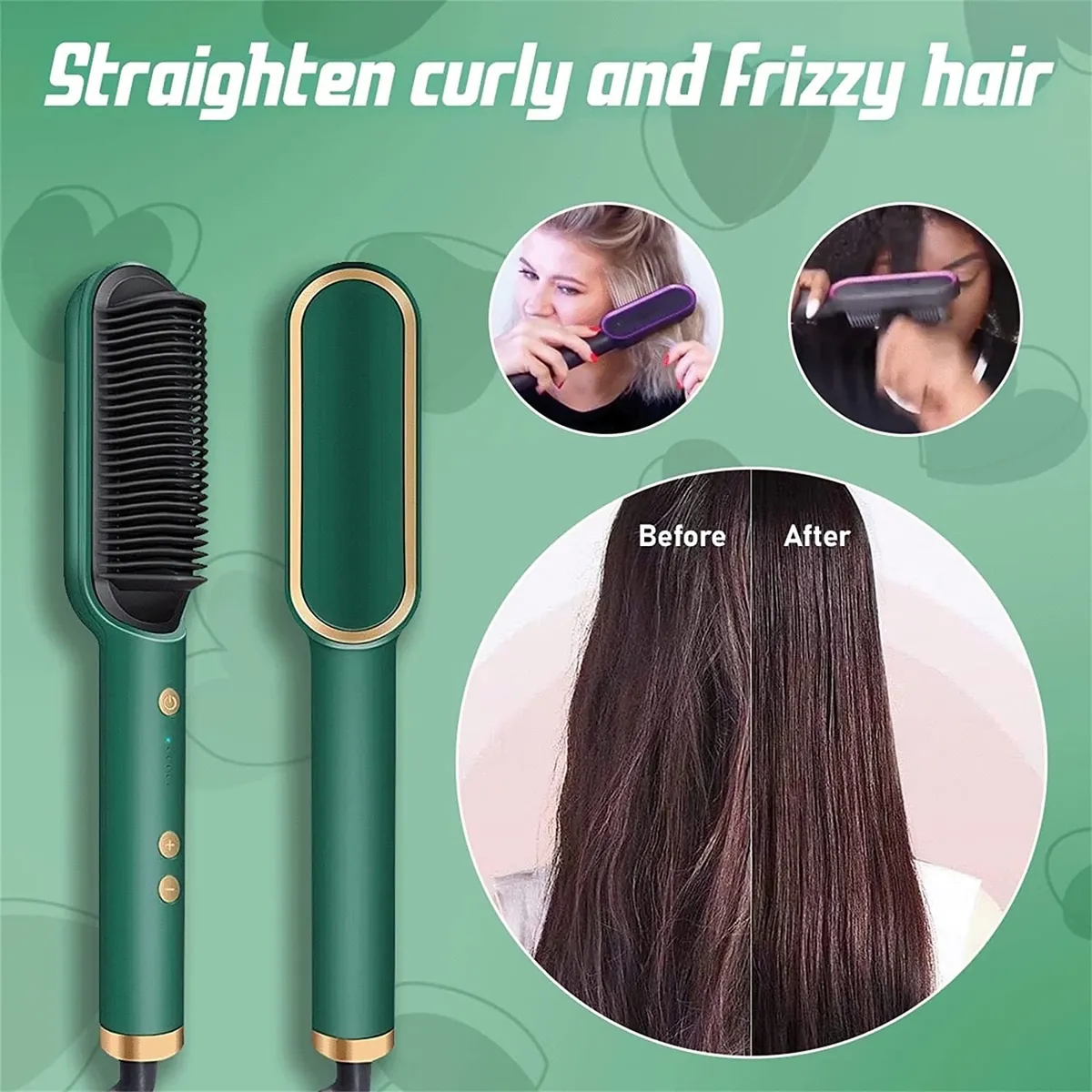 Cepillo secador alisador de cerámica para cabello rizado y encrespado, antes y después.