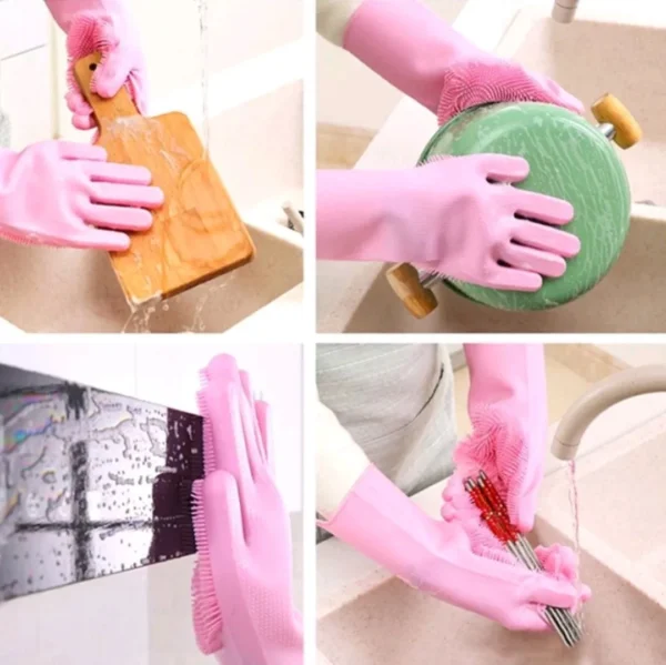Guantes de silicona rosados con esponja para lavar platos, ollas y superficies en la cocina.