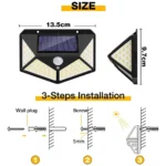 Lámpara solar exterior de 100 LED: medidas 13.5x9.7cm e instalación en 3 pasos.