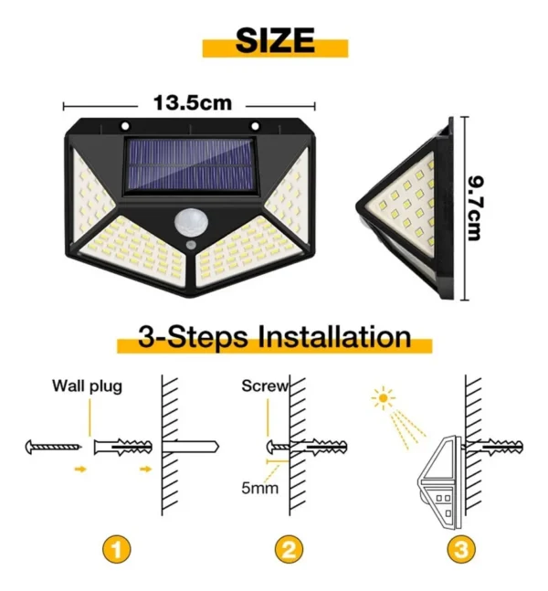 Lámpara solar exterior de 100 LED: medidas 13.5x9.7cm e instalación en 3 pasos.