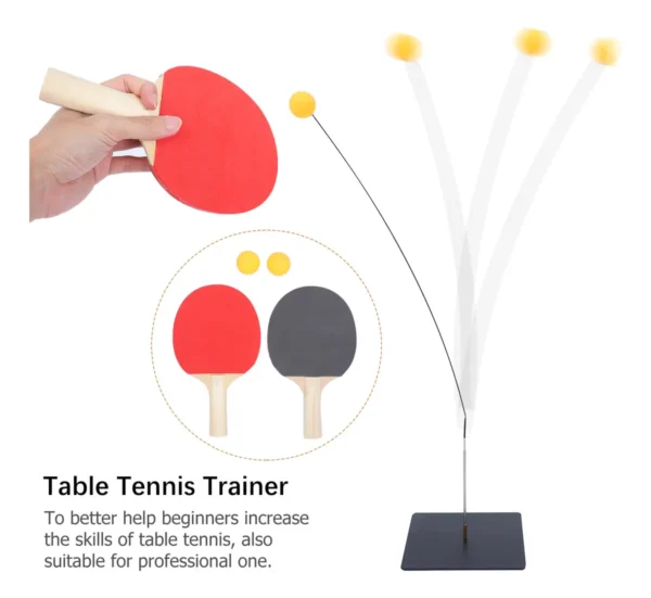 Entrenador de tenis de mesa con paleta roja y pelota de entrenamiento en acción.