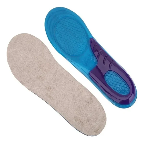 Plantilla de silicona azul y morada con textura hexagonal para soporte y confort del pie.