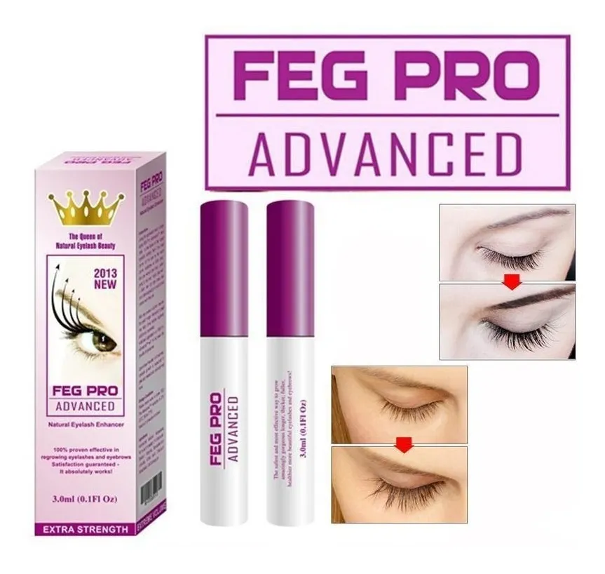 Feg Serum De Pestañas Crecimiento Pro: Pack de dos aplicadores y caja con resultados antes y después.