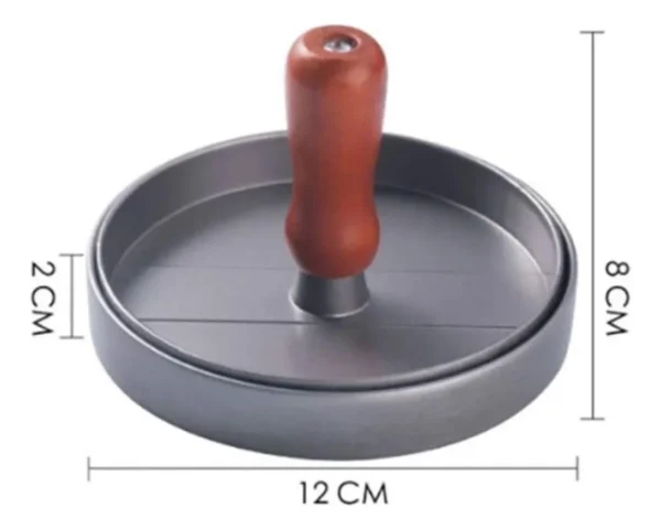 Molde para hamburguesas de metal y mango de madera. Diámetro 12cm, altura 8cm, grosor 2cm.