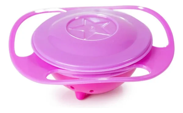 Plato giratorio para bebé de color rosa con tapa morada y diseño de estrella.